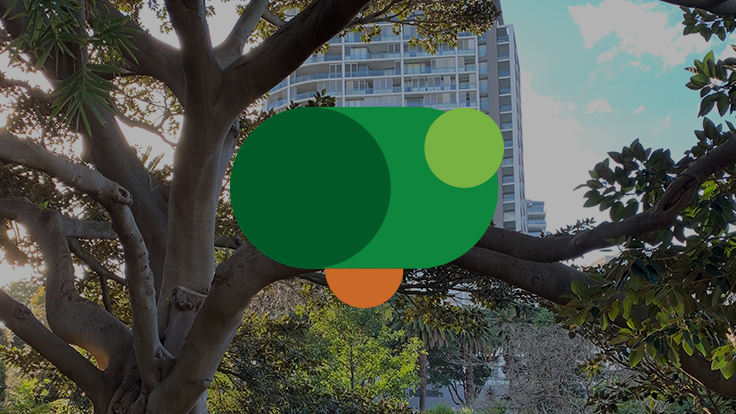 Image of a green and orange spheres infographic superimposed on a large fig tree with an apartment complex in the background