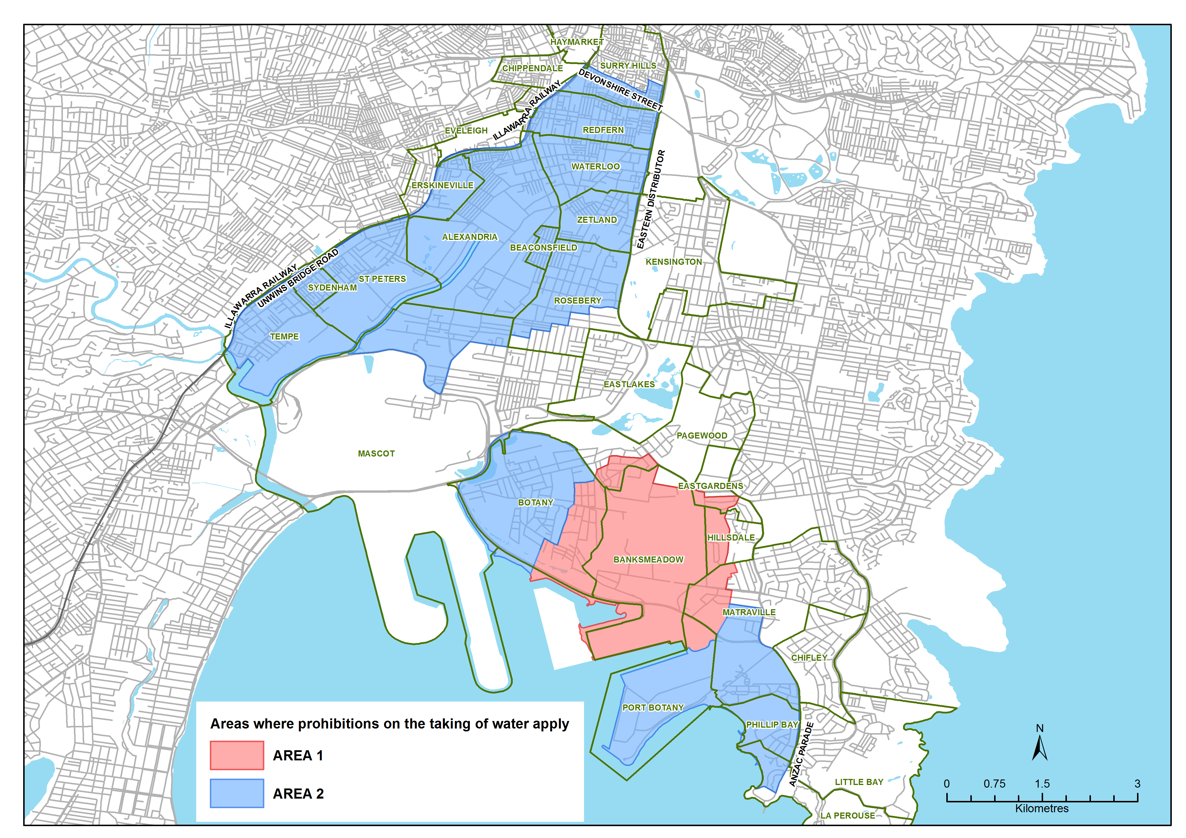 Map of Sydney with restricted water areas for Botany Sands groundwater