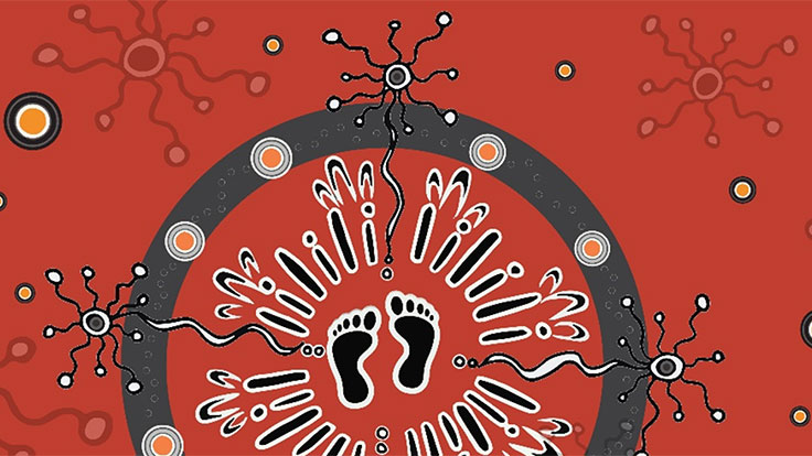 Image of an indigenous Australian painting depicting  the logo 'our mob our country' with two black footprints on a red background and intricate designs with dot painting