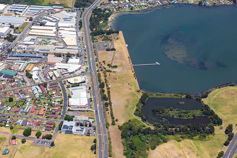 Aerial view of Lake Illawarra foreshore