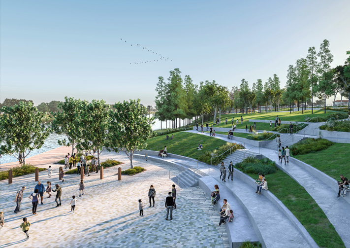 Artist Impression: Tench Reserve, Parks for People Project, Wharf Precinct: new riverside recreation and amphitheatre